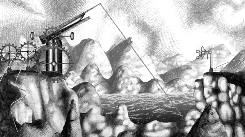 screen shot from Foodstuffs of pencil drawn fishing automaton pulling food from the sea